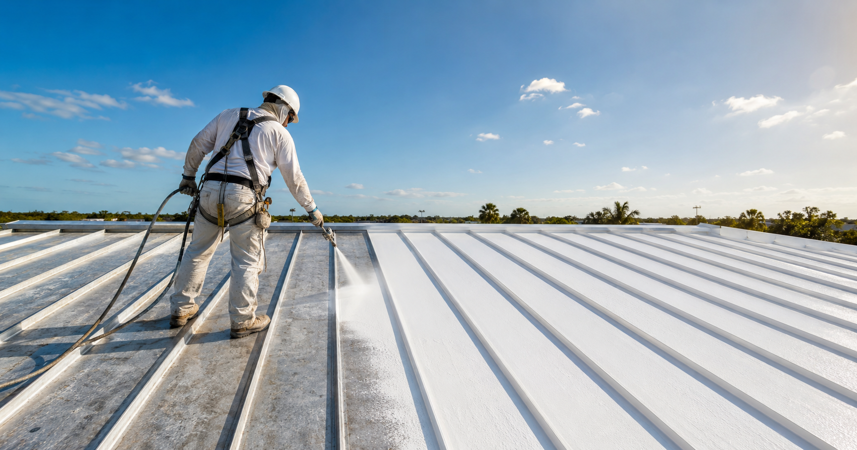 Can you paint a metal roof — worker applying fresh coating to standing seam metal panels
