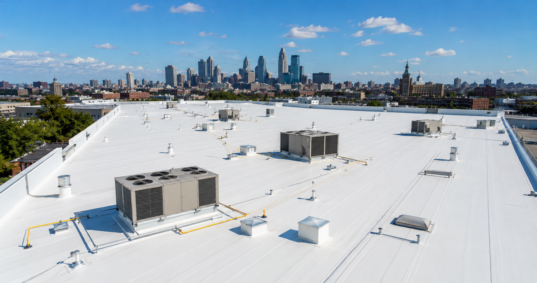 What is TPO roofing — wide view of white reflective TPO membrane on a flat roof