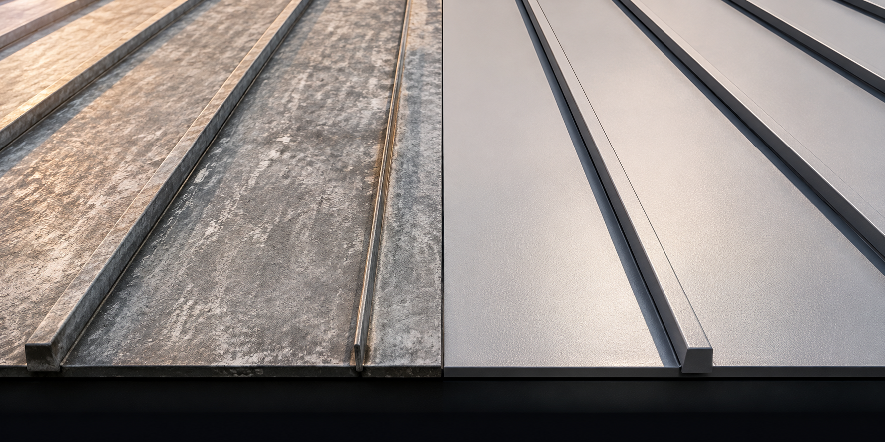 Close-up of chalking, faded metal roof panels next to freshly coated section showing the before-and-after contrast