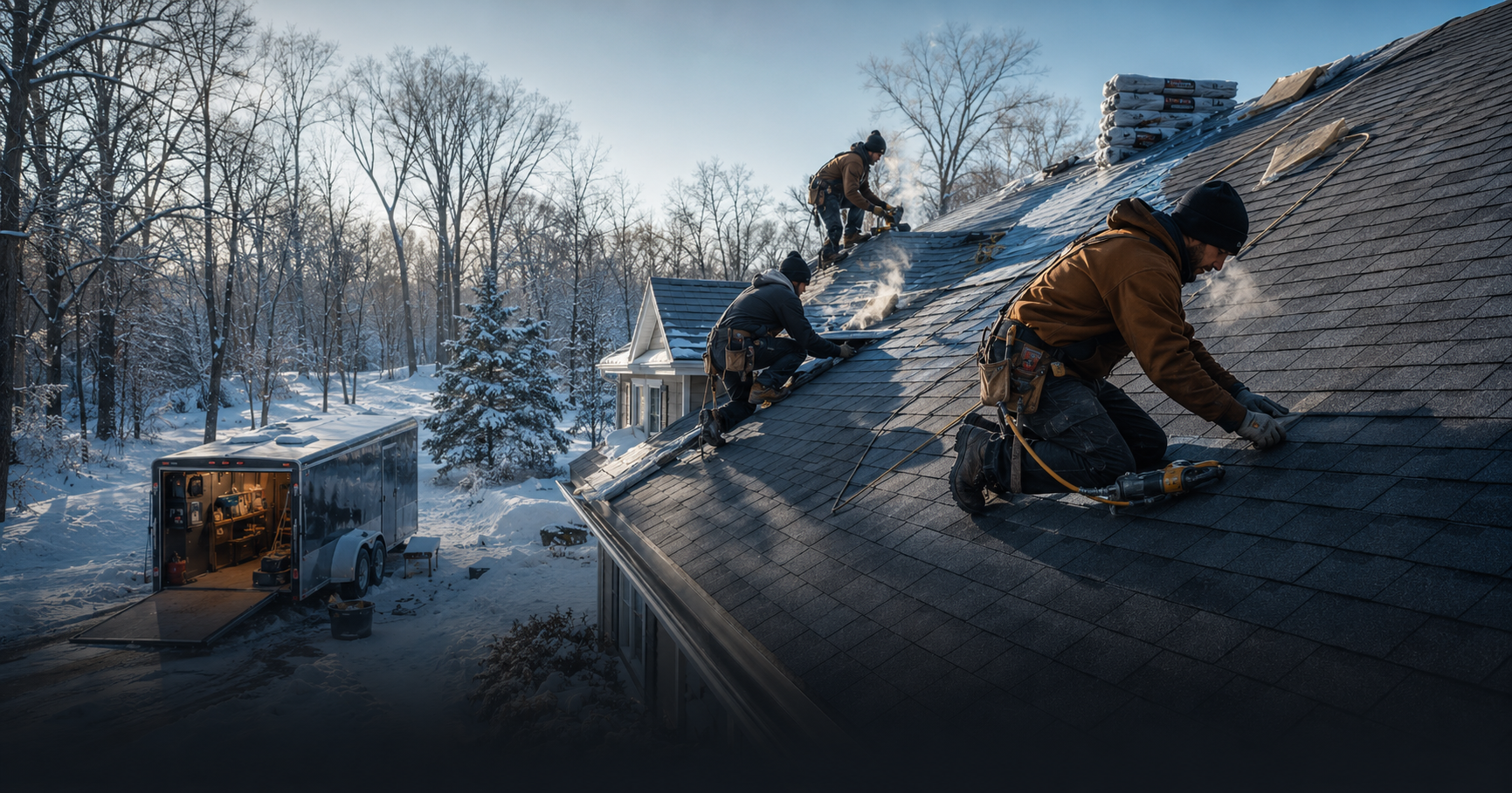 Can roofing be done in the winter — crew installing shingles with snow on the ground