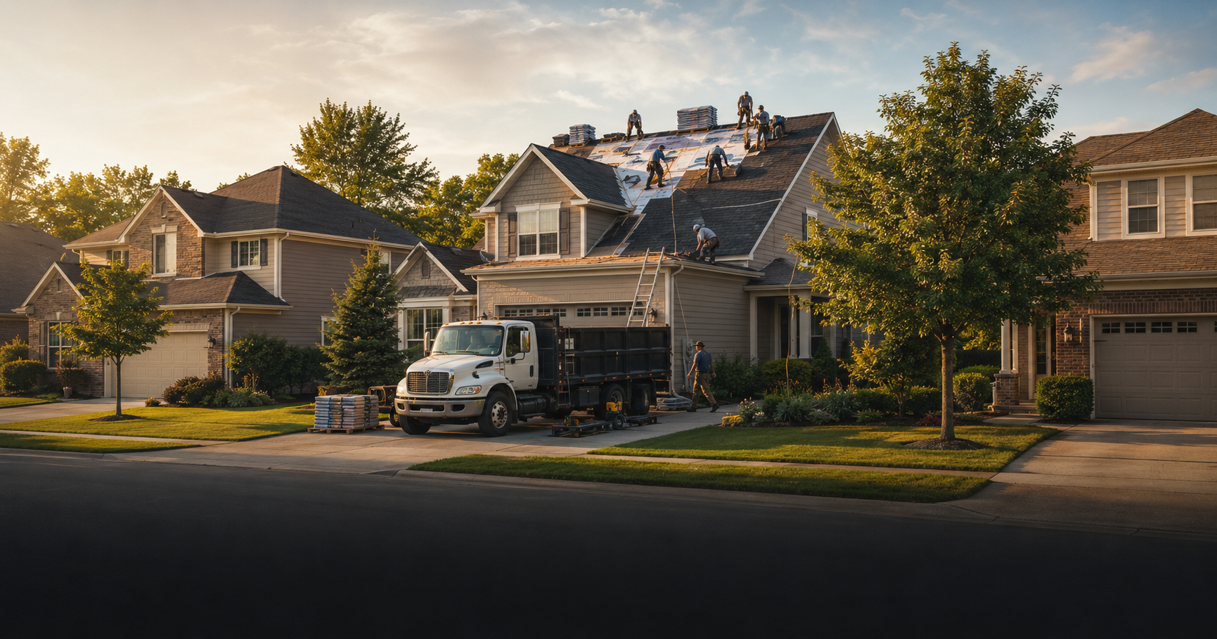 Who does roofing near me — neighborhood with active roofing job on one home