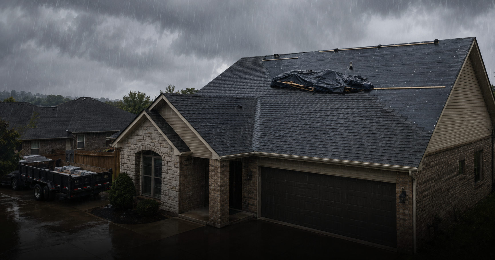 Can roofing be done in the rain — a paused roofing job during a rain shower
