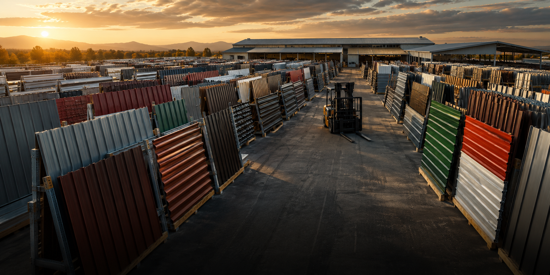 Where to buy metal roofing panels — large supply yard with panels in every color