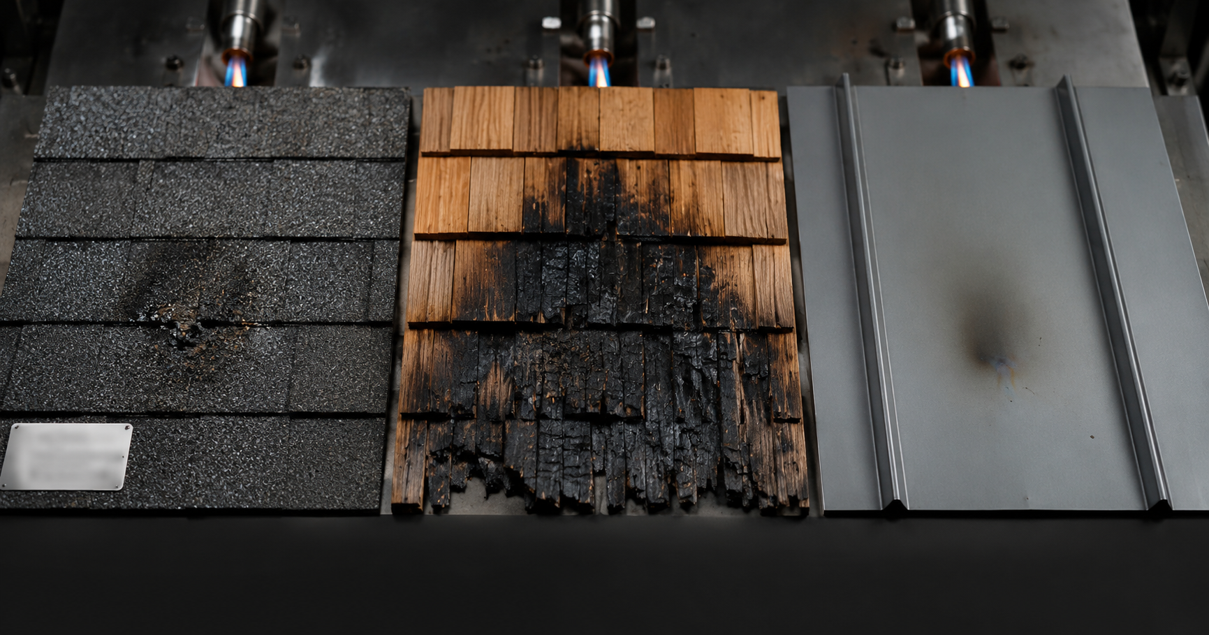 Fire resistance comparison — asphalt and metal showing minimal damage versus charred wood shake