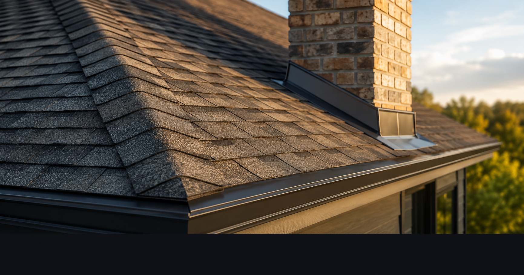 Completed professional roof installation detail — crisp ridge cap and clean flashing