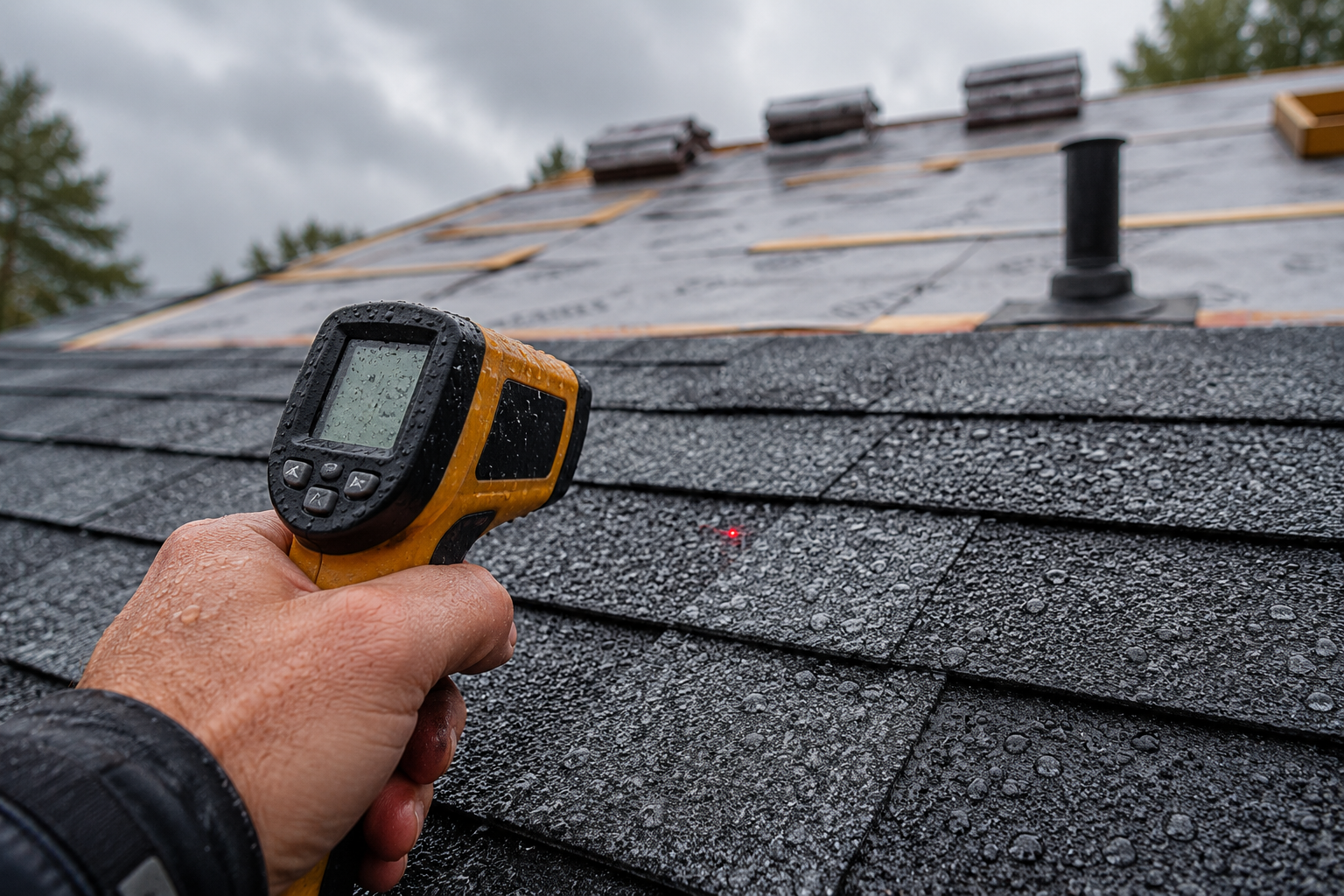Worker checking roof surface conditions before resuming work after rain