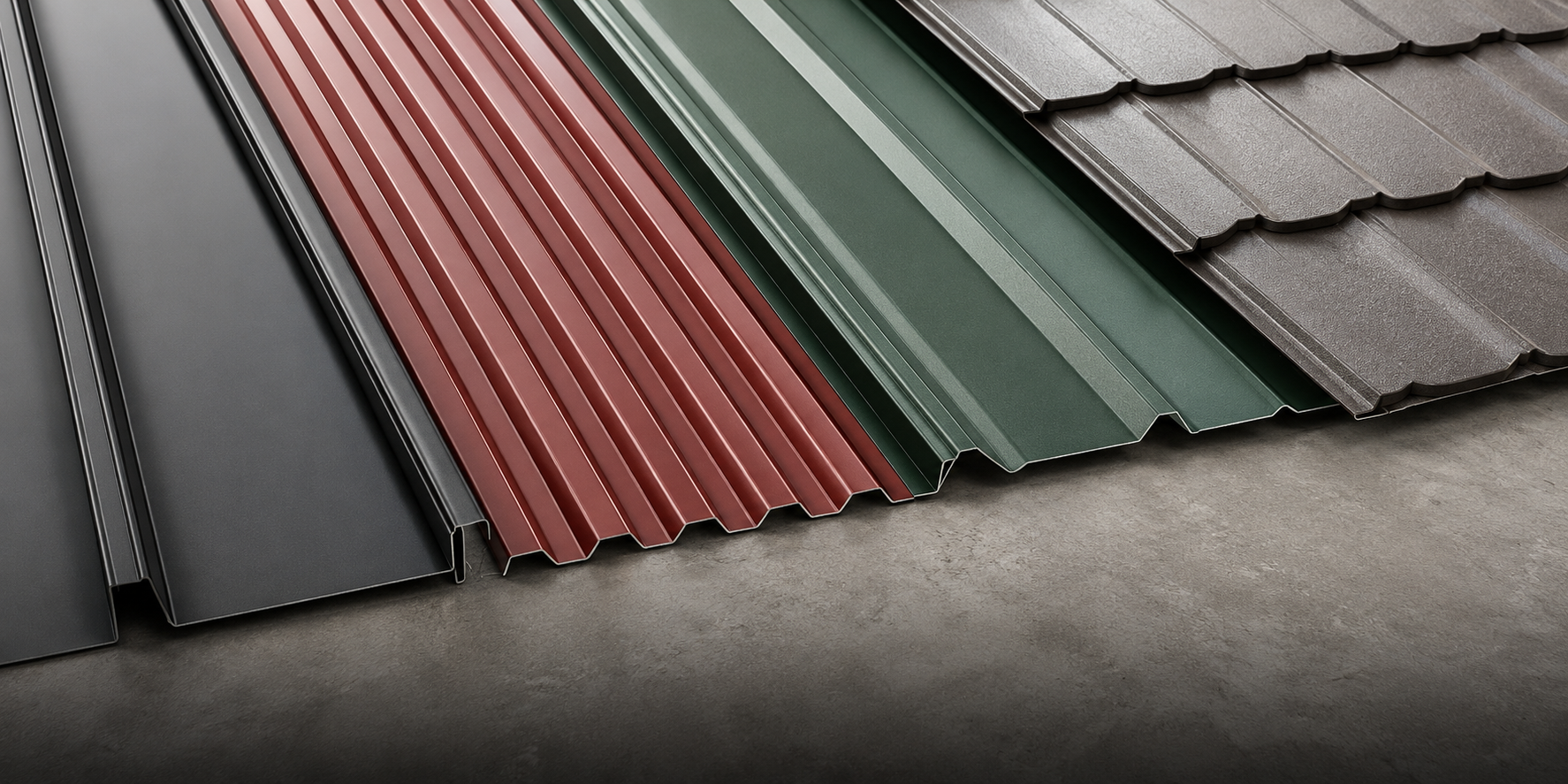 Metal roofing panel profiles side by side — standing seam, corrugated, R-panel, metal shingle