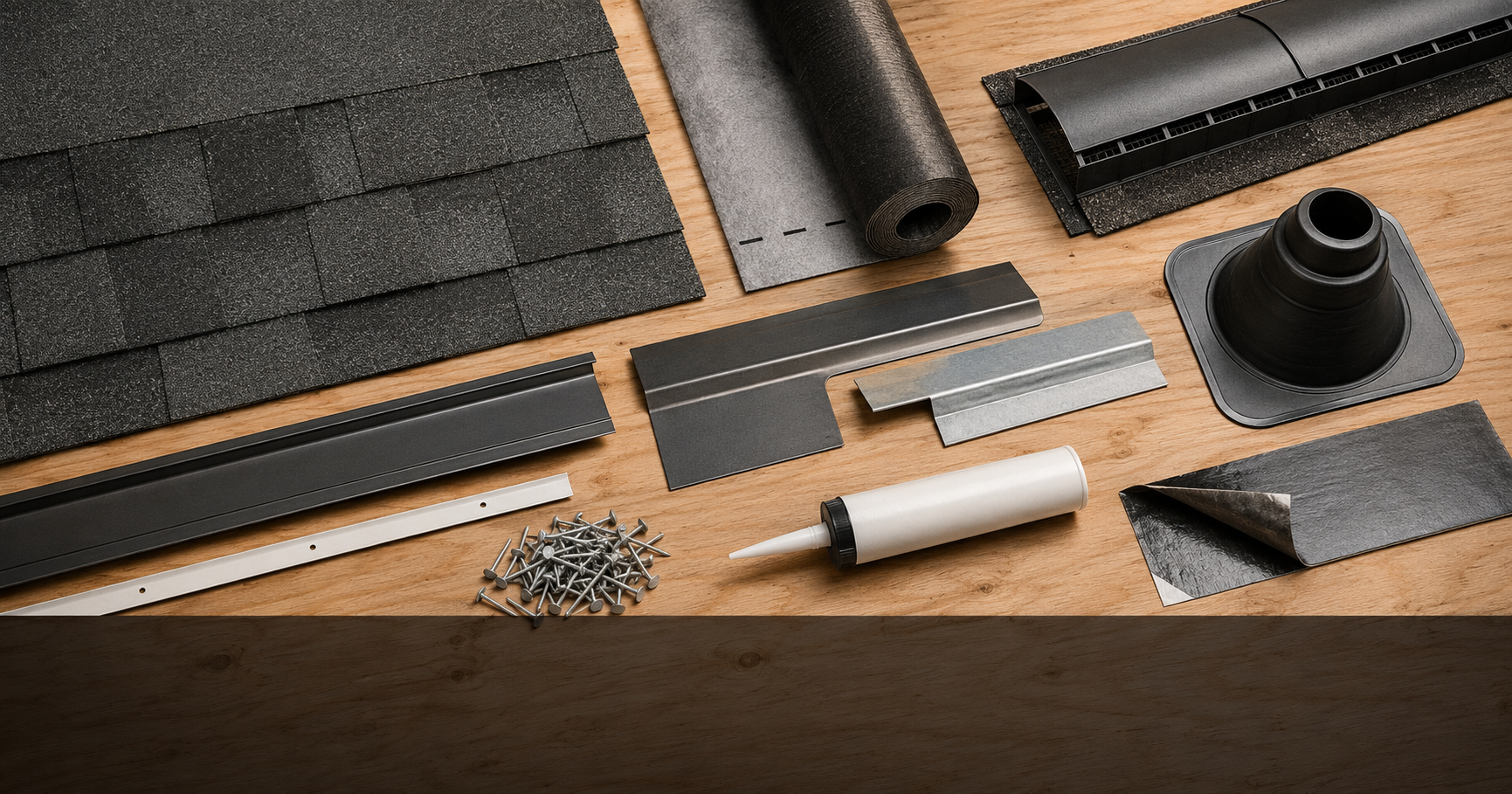 All the components of a roof replacement laid out — shingles, underlayment, flashing, vents, nails, sealant