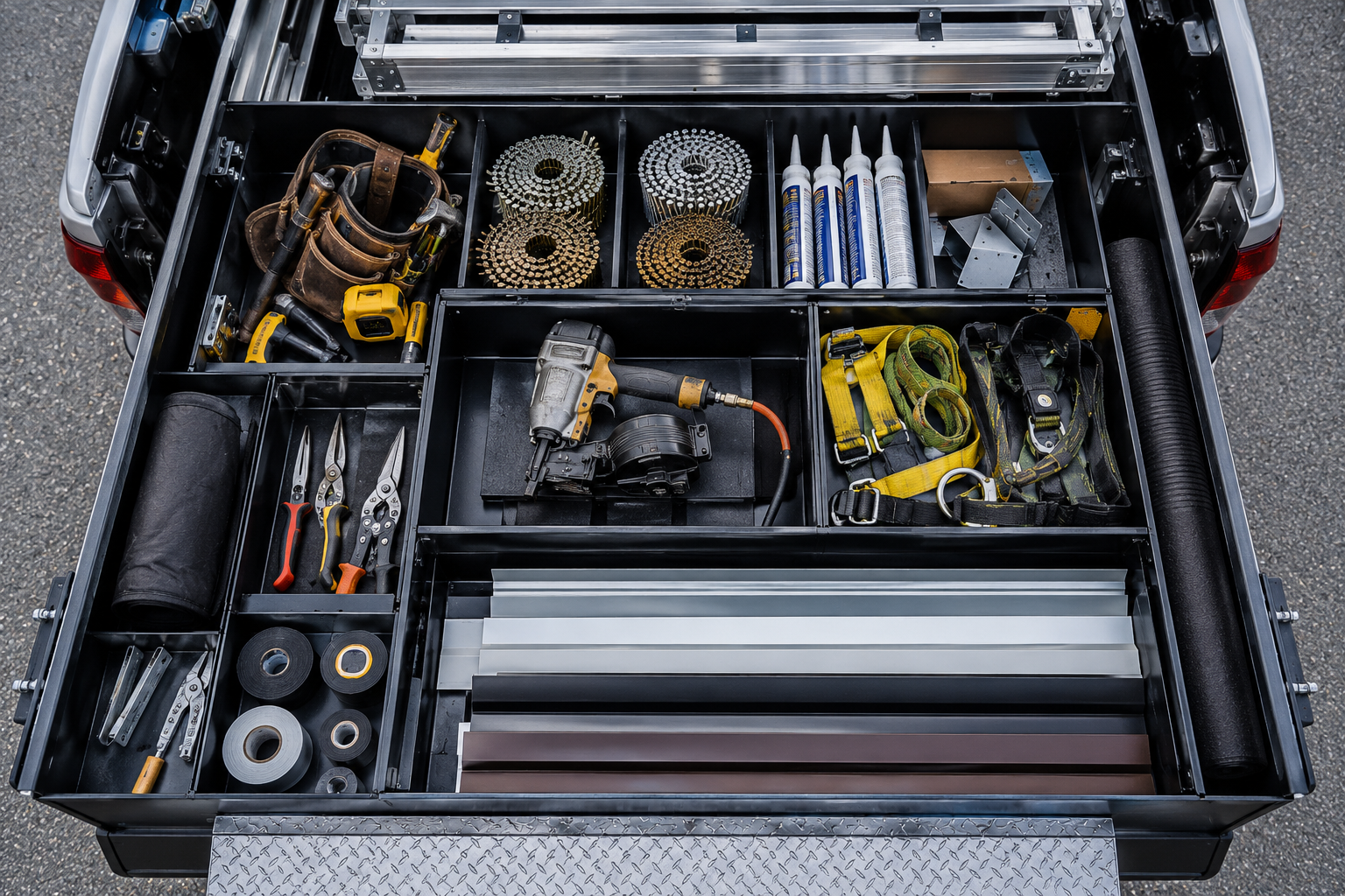 Organized contractor truck bed showing the equipment investment behind every roofing job