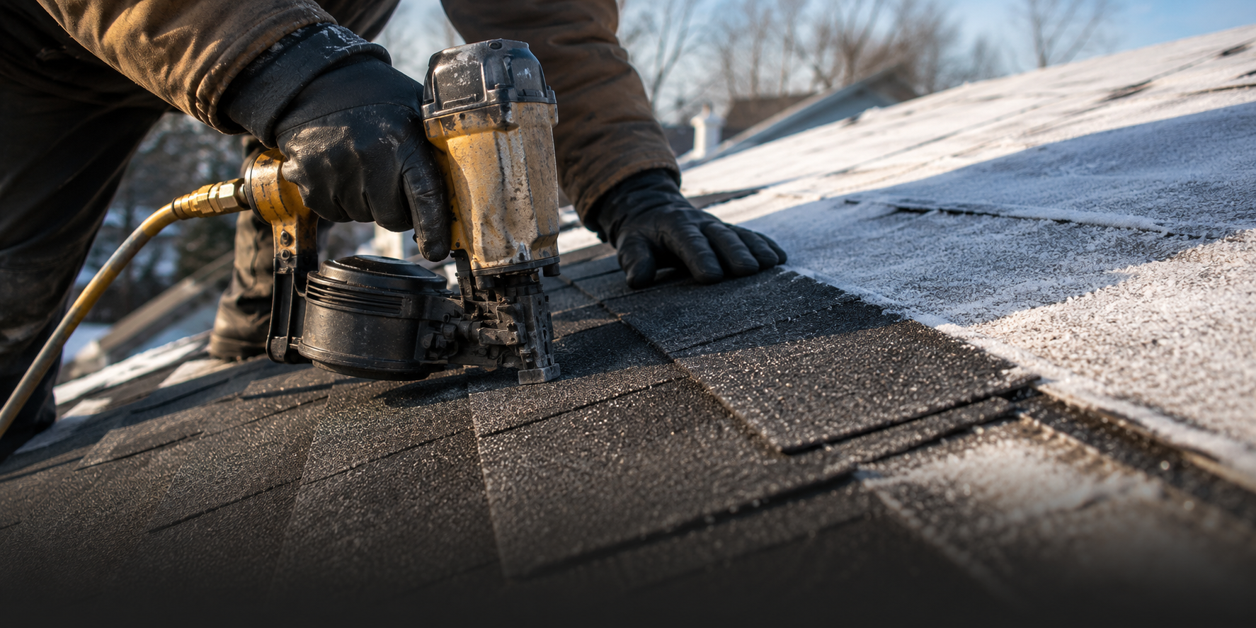 Close-up of roofer's insulated gloved hands installing shingles with frost on underlayment