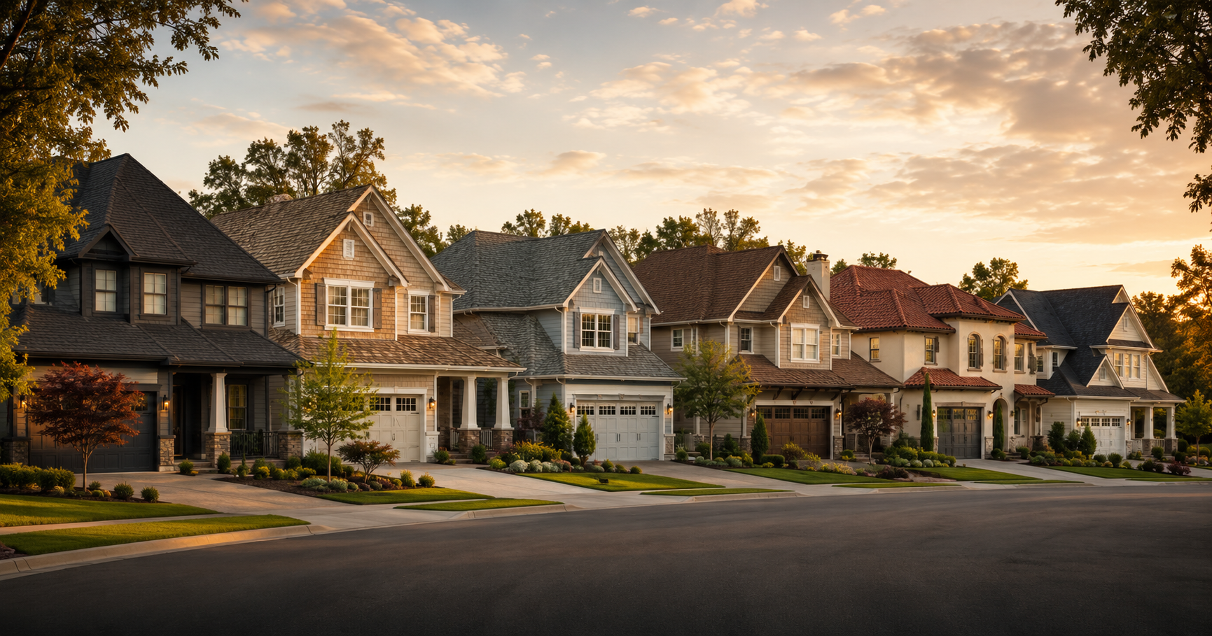 How to choose roofing colors — residential street with homes showing different shingle colors