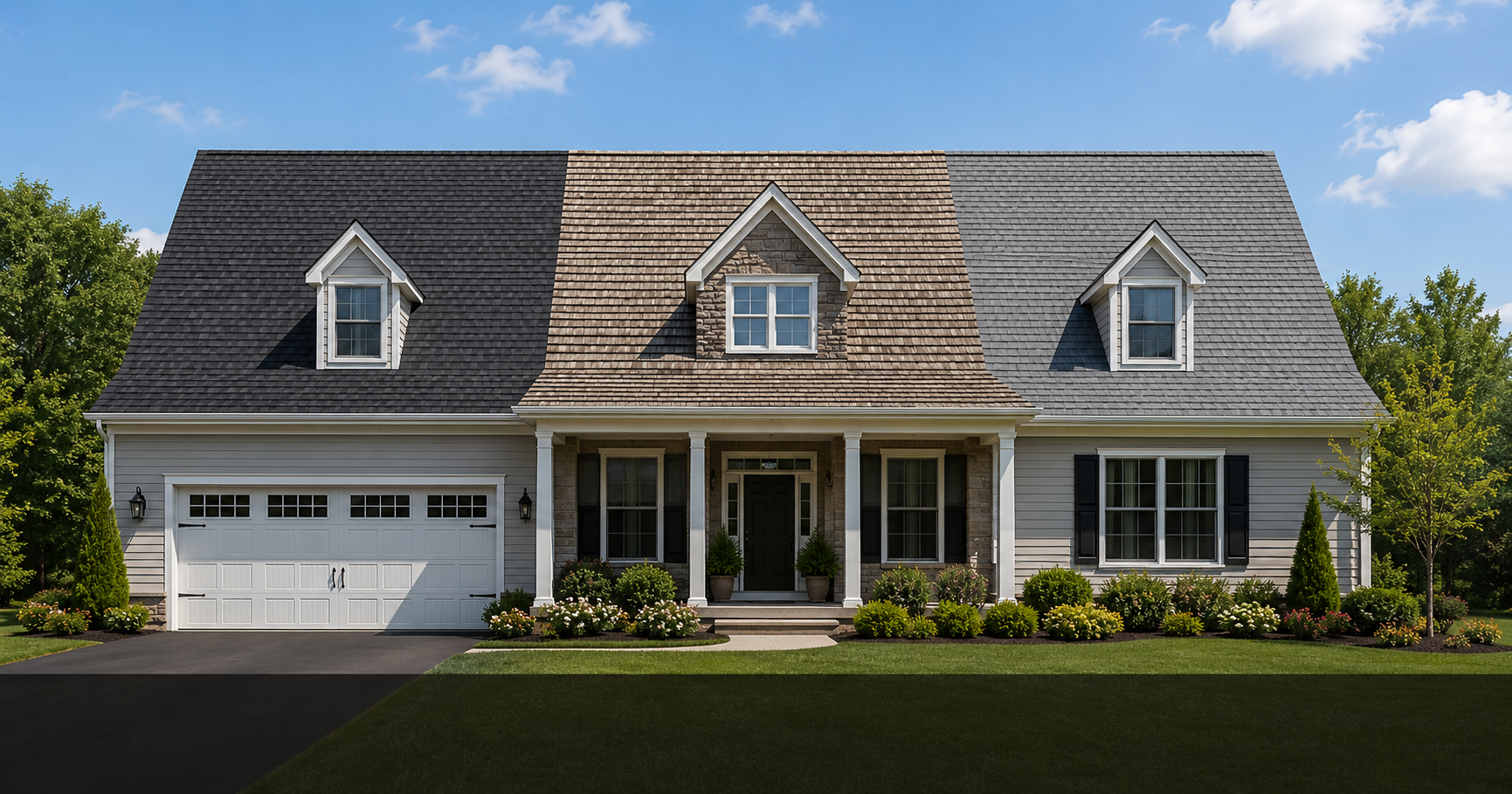 Same house shown with three different shingle colors — charcoal, weathered wood, slate gray