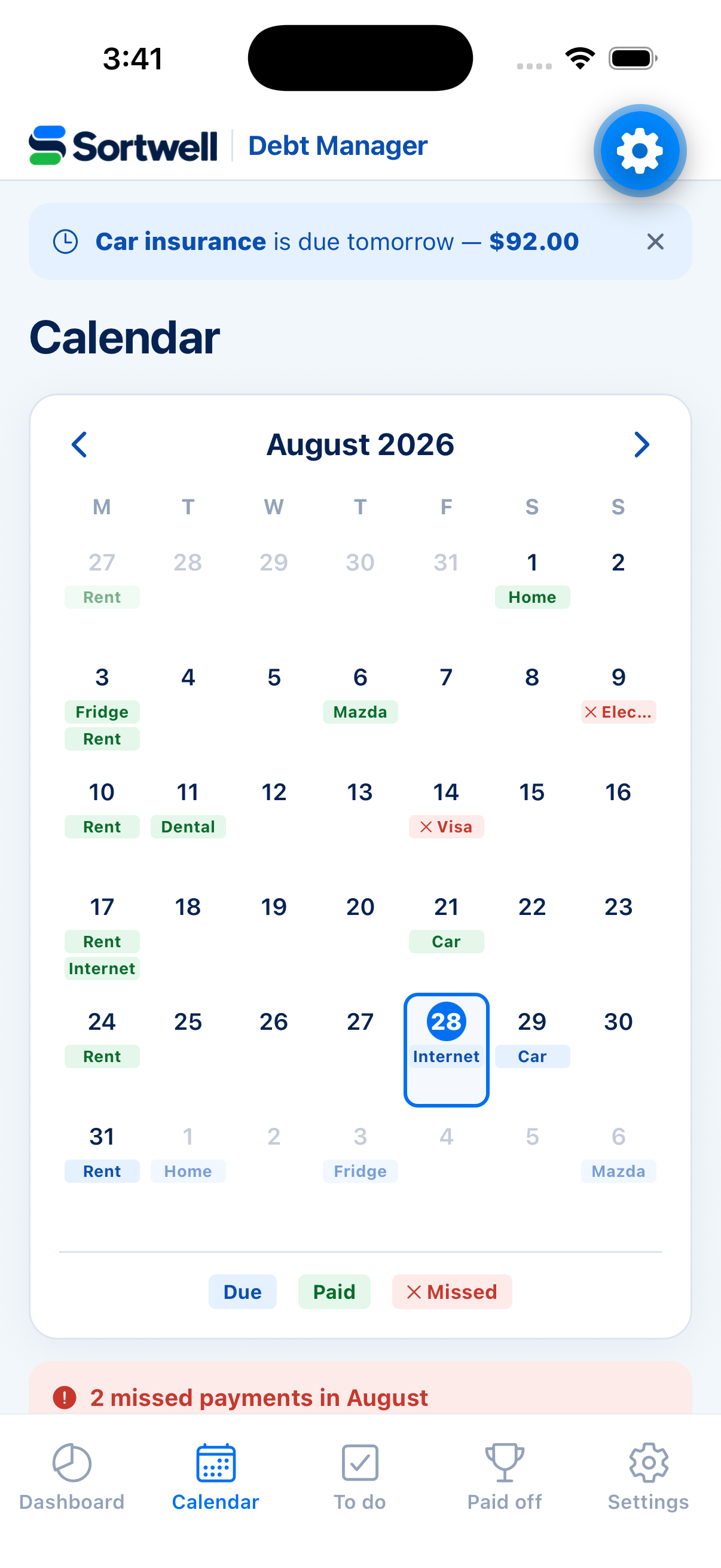 Monthly calendar with due, paid and missed payments colour-coded