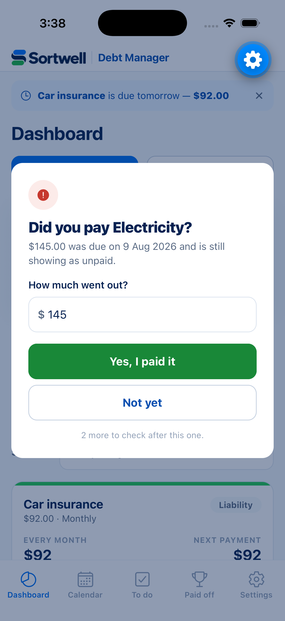 A reminder asking did you pay Electricity, with Yes I paid it and Not yet buttons