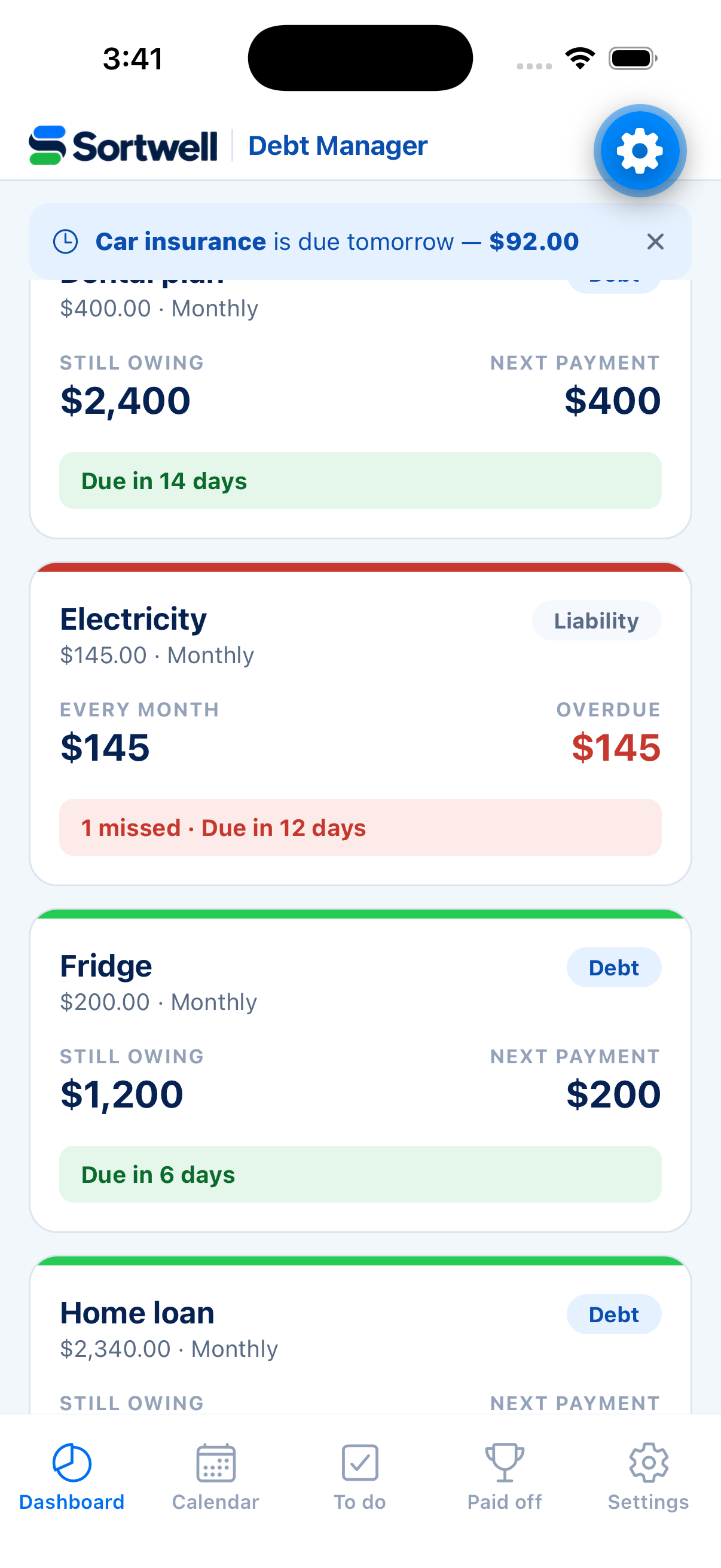 Account list showing each debt and liability with a green or red status bar