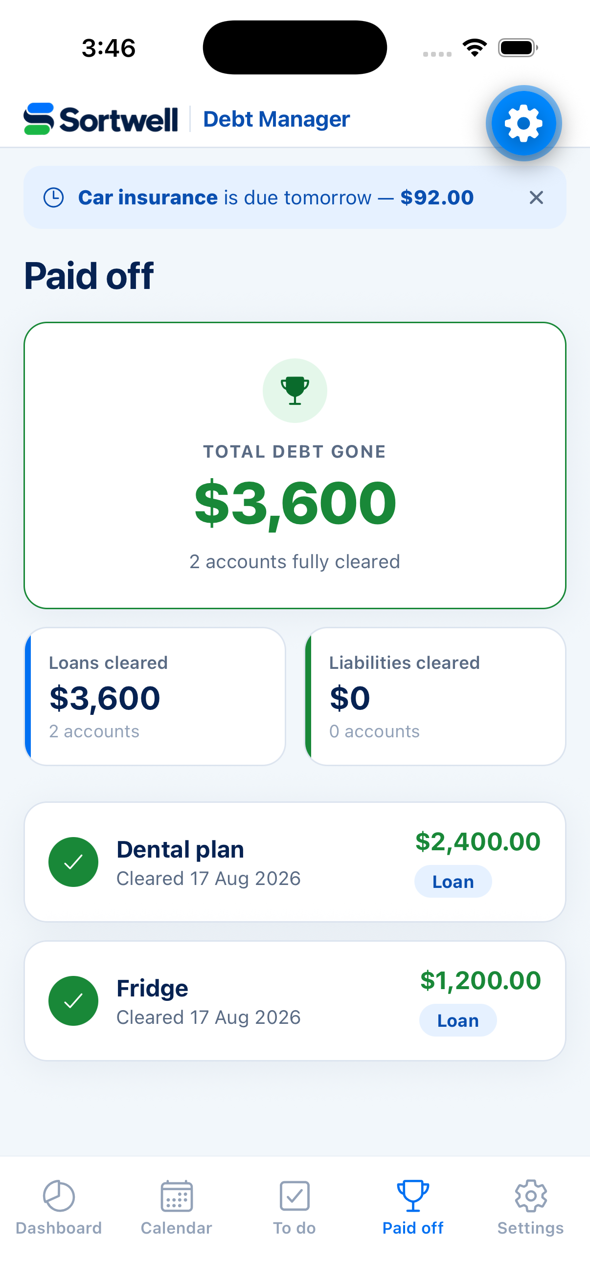 Paid off screen showing total debt gone and cleared accounts
