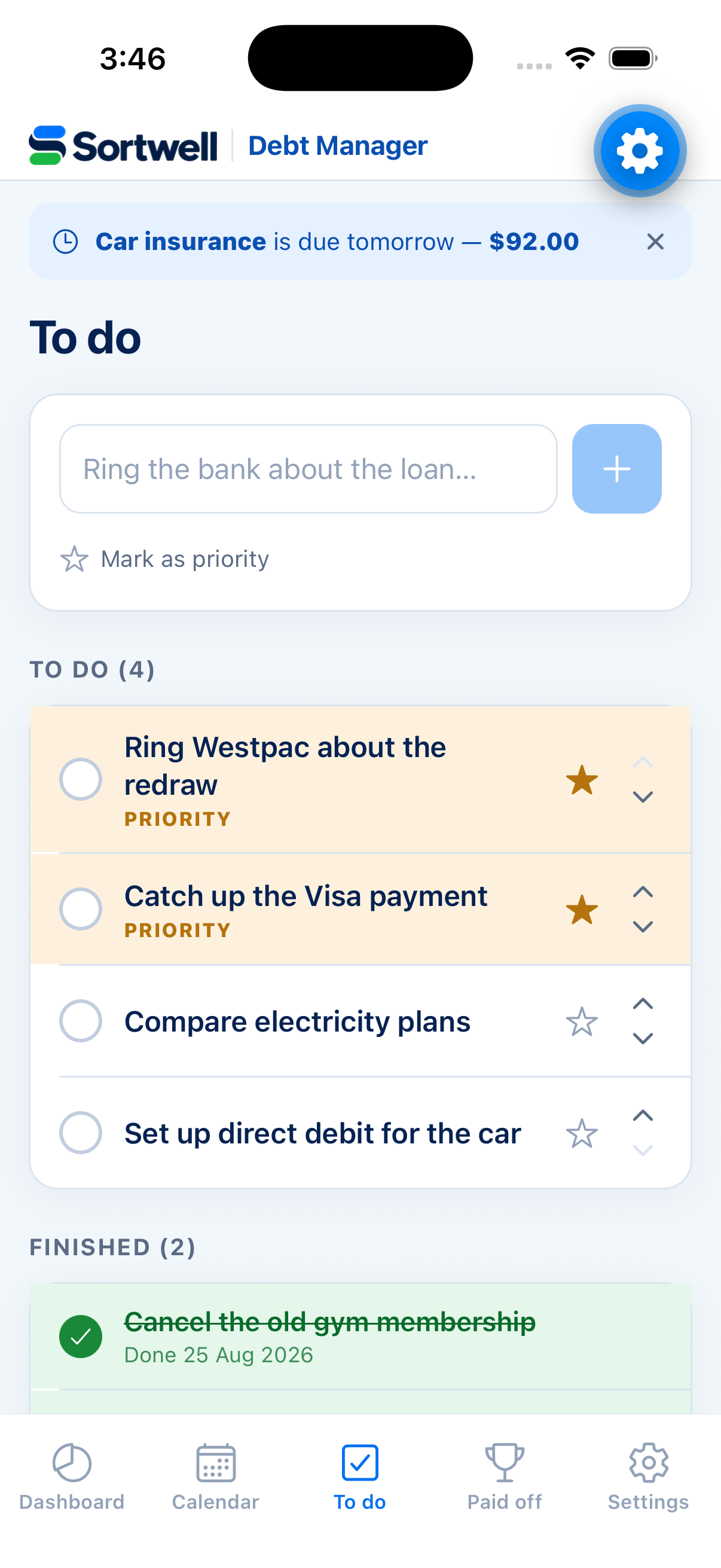Shared to-do list for money admin tasks