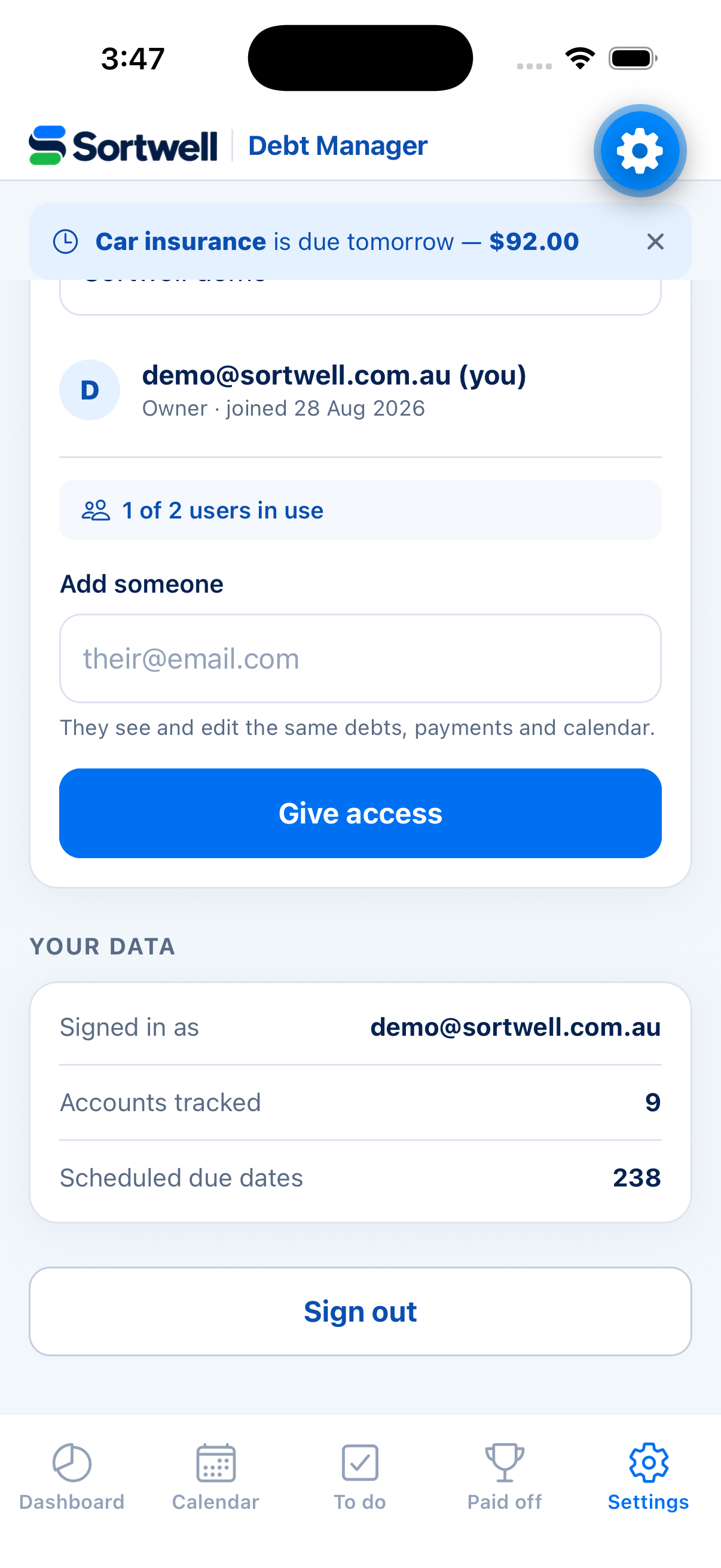 Share access with a partner so both see the same debts