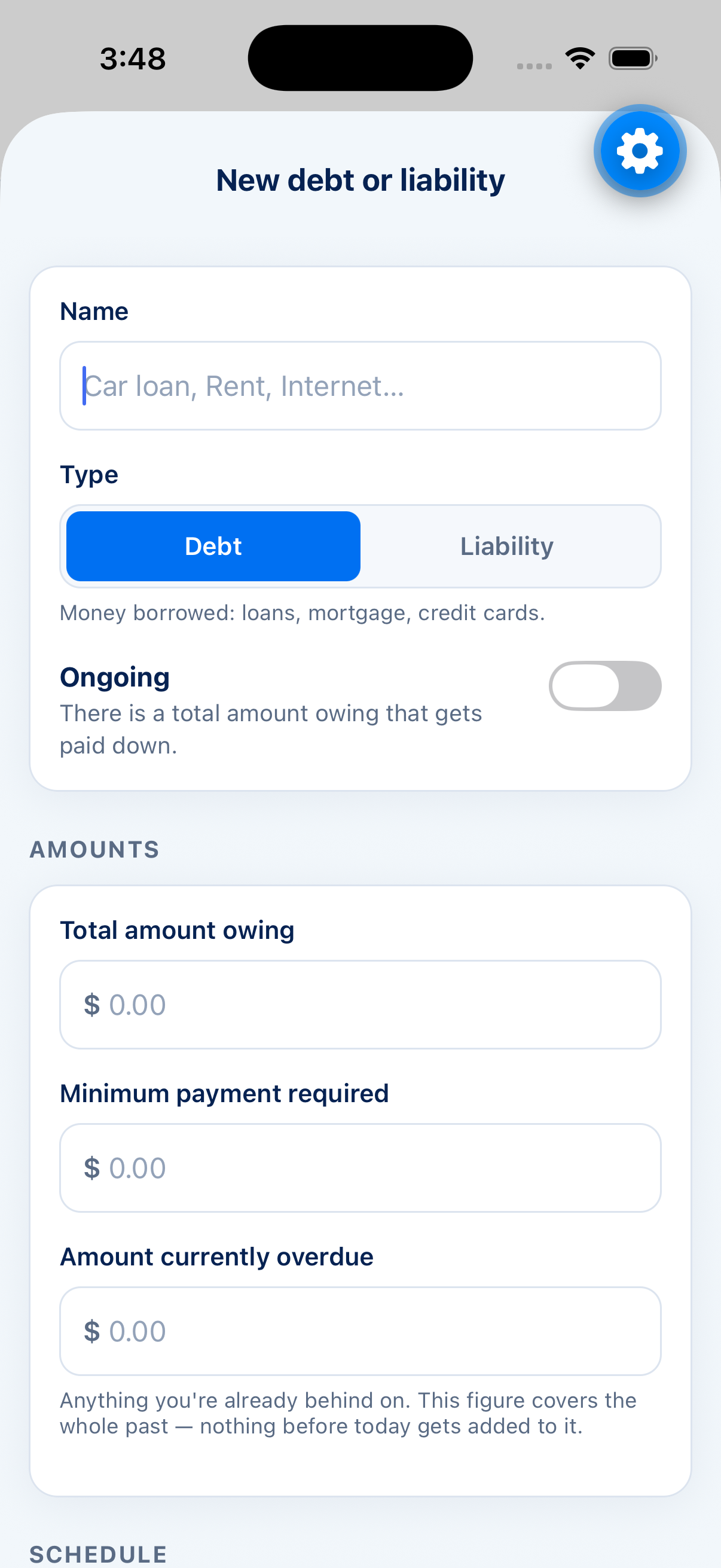 Add a new debt or liability, including anything currently overdue