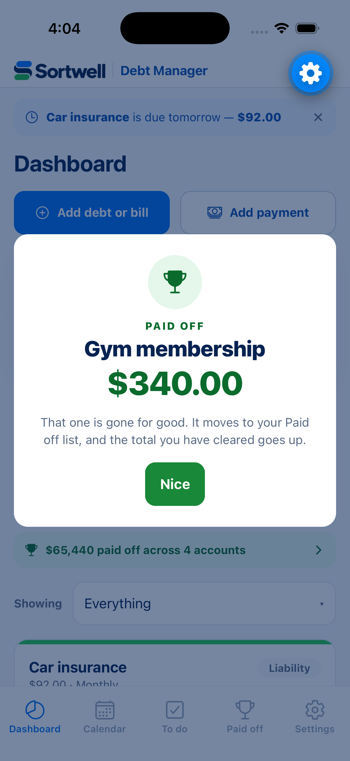 Celebration when a debt is fully paid off