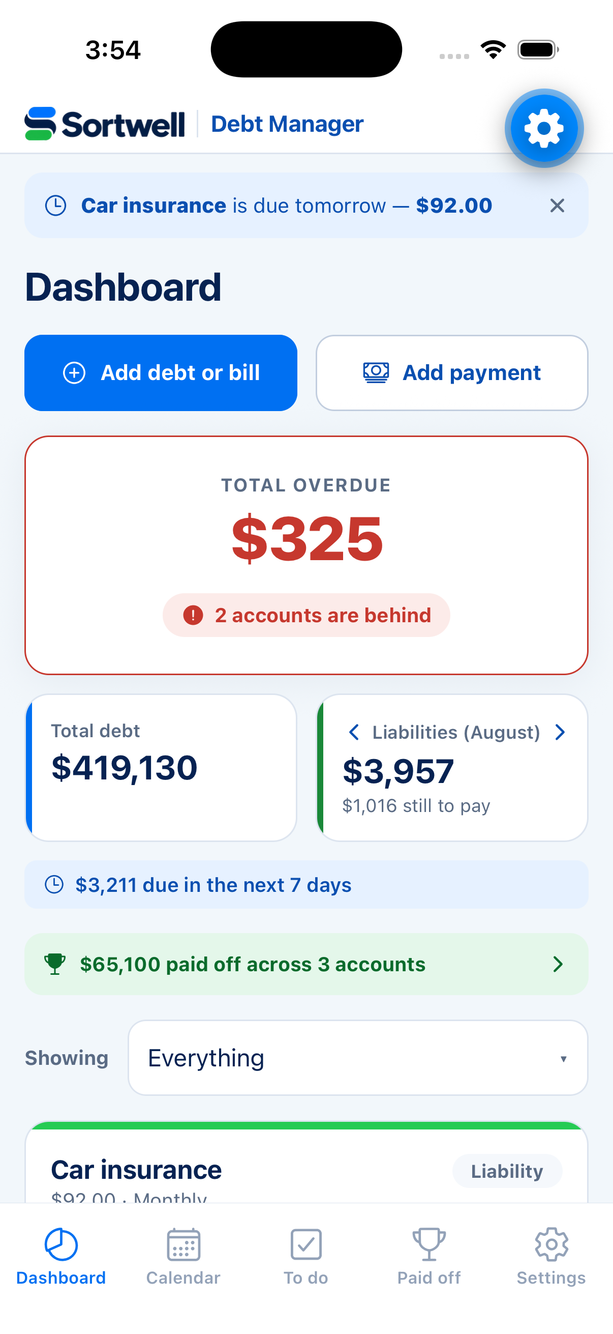 Sortwell Debt Manager dashboard showing total overdue, total debt, liabilities and what's due in the next 7 days
