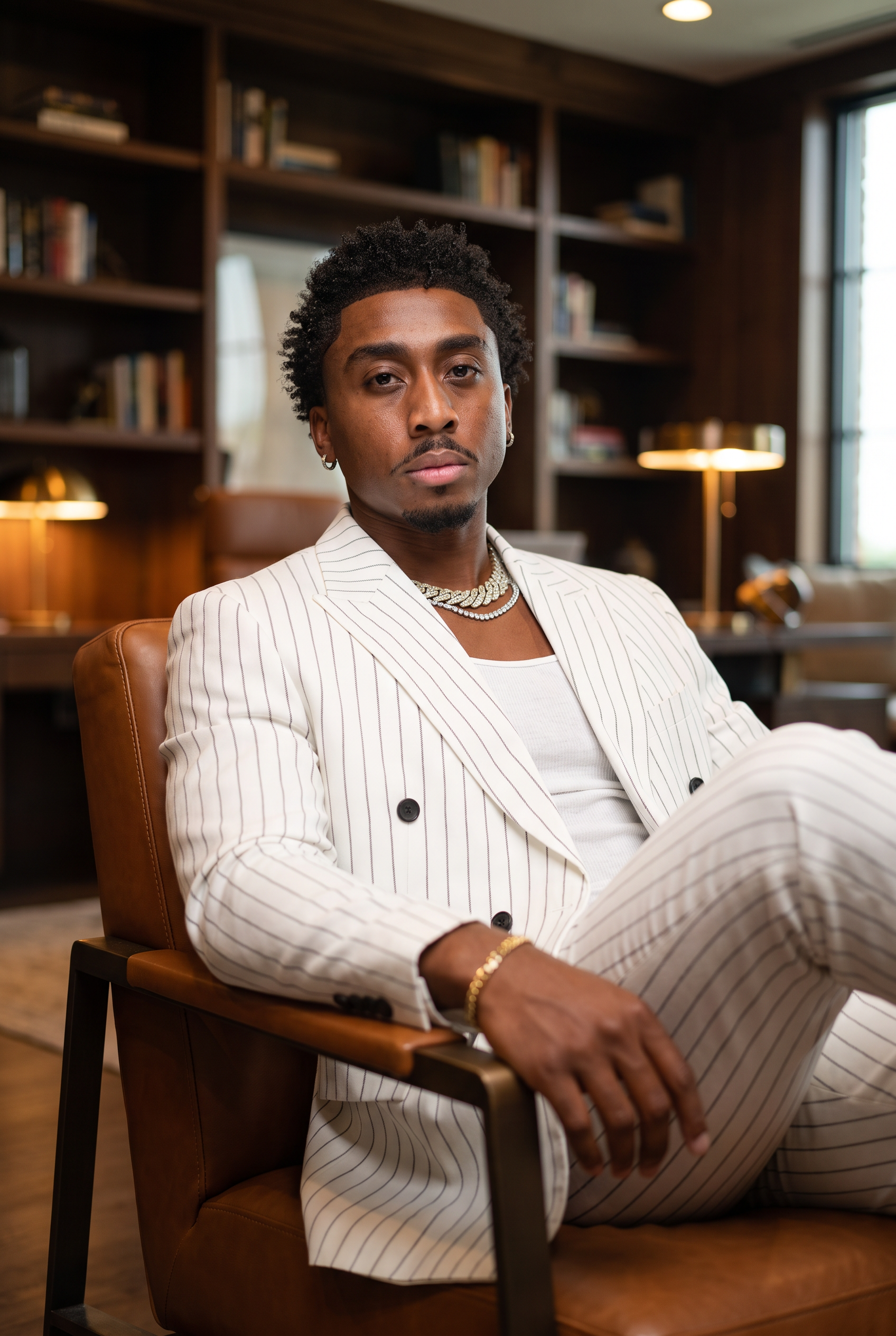 Brandon M. Adams in white pinstripe suit seated in a luxury home office
