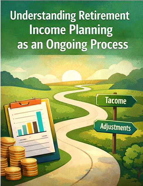 Illustration of a winding path with financial charts and income symbols representing retirement income planning as an ongoing process.