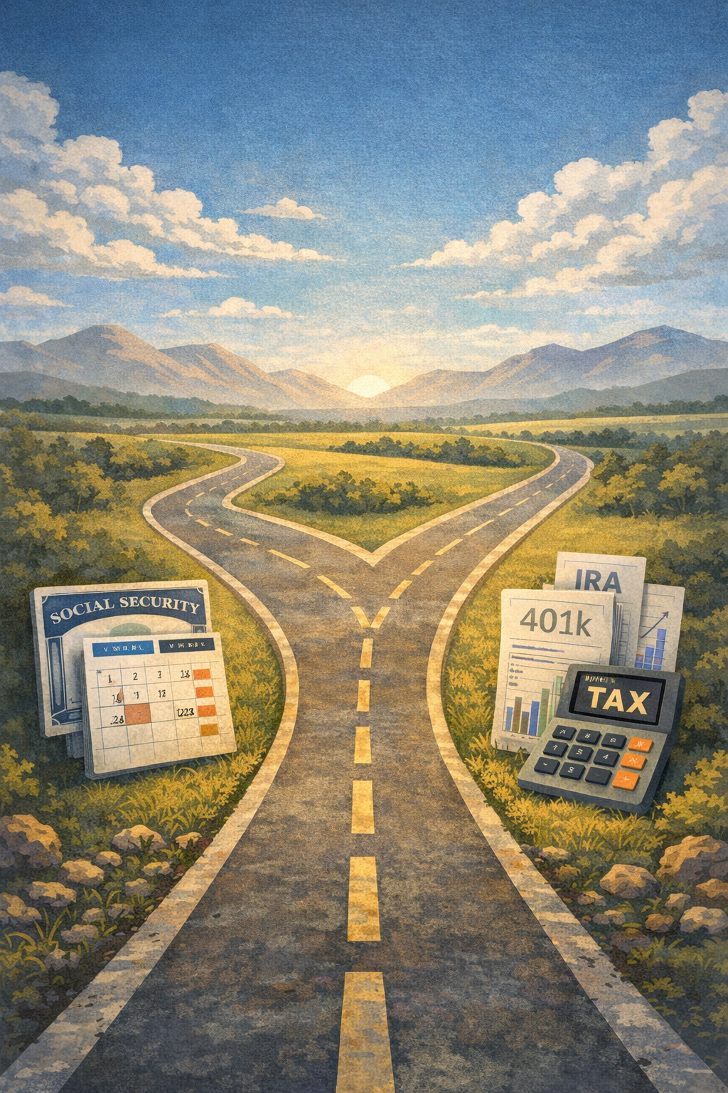 Illustration of two diverging roads representing Social Security timing decisions, with Social Security documents, retirement account statements, and tax elements in the foreground. Illustration of two diverging roads representing Social Security timing decisions, with Social Security documents, retirement account statements, and tax elements in the foreground.