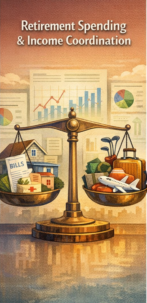 Illustration of a balance scale with household expenses and lifestyle items symbolizing retirement spending and income planning. Illustration of a balance scale with household expenses and lifestyle items symbolizing retirement spending and income planning.