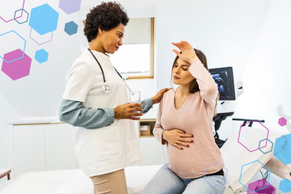 Pregnant person experiencing dizziness during an antenatal appointment, representing POTS-related symptoms in pregnancy with hypermobility. Pregnant person experiencing dizziness during an antenatal appointment, representing POTS-related symptoms in pregnancy with hypermobility.
