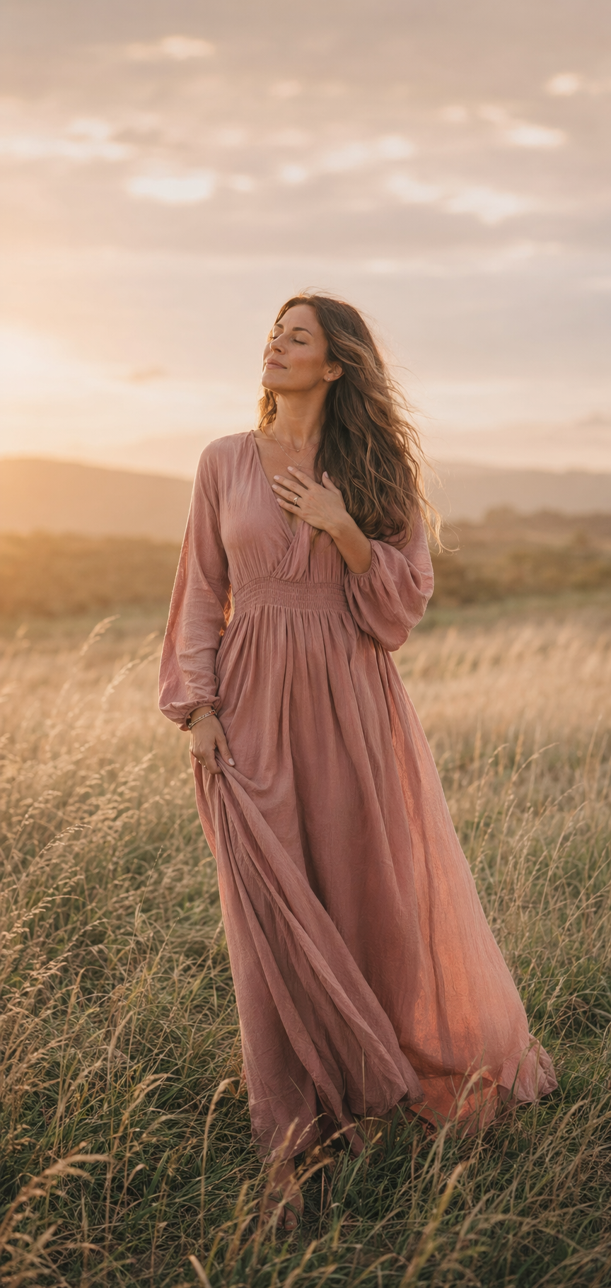 Calm woman standing in an open field during golden light