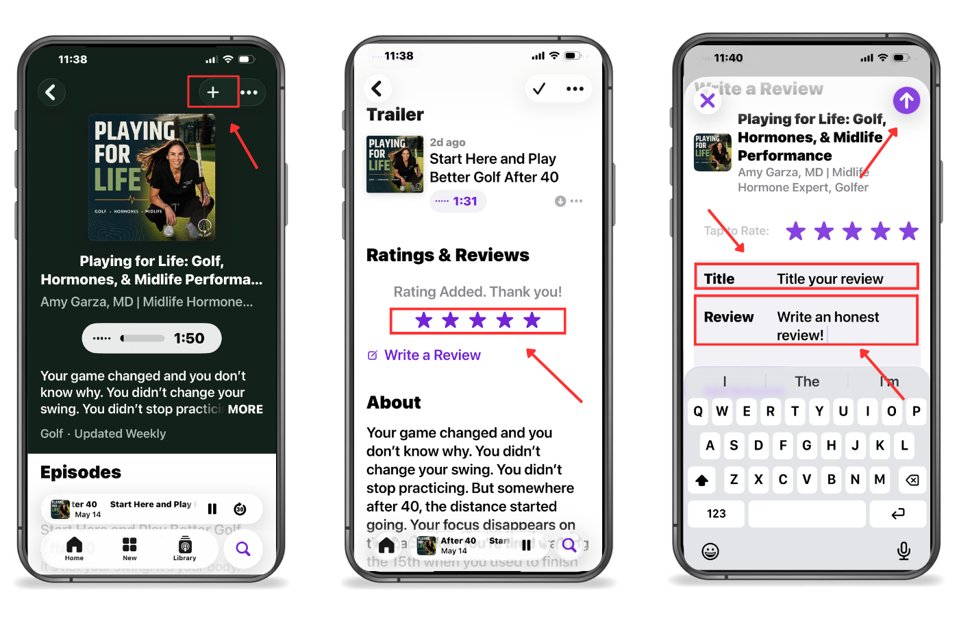 A visual of how to follow, rate, and review the Playing for Life podcast in the Apple Podcasts app