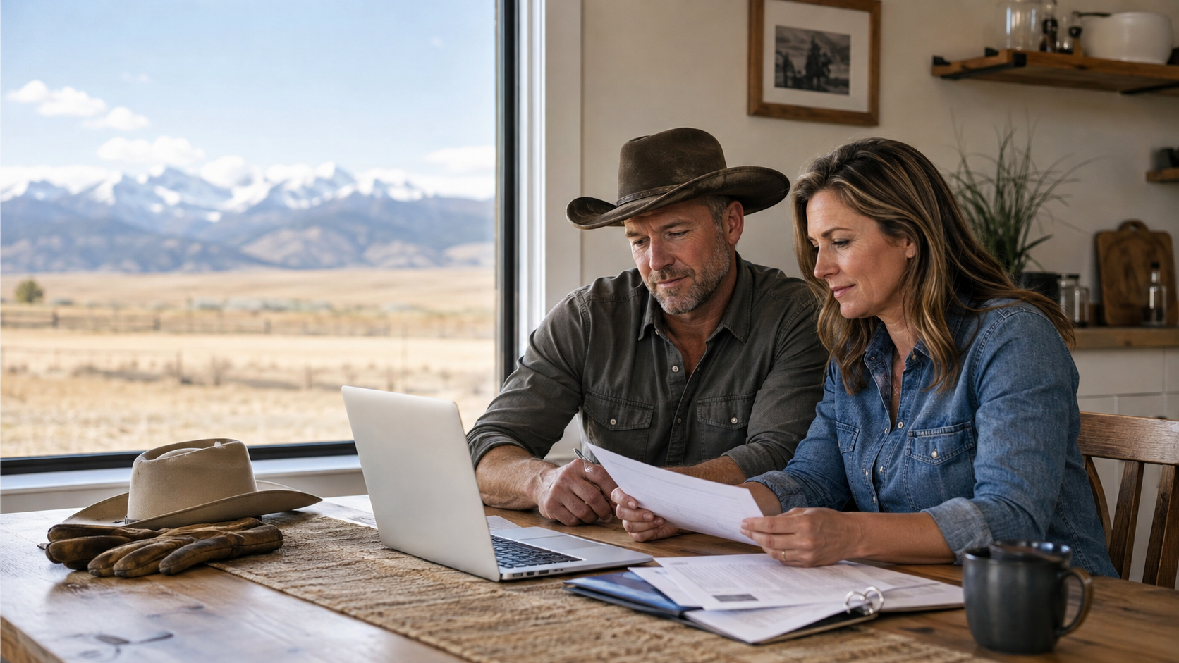 Self-employed Wyoming couple reviewing private health insurance and individual health coverage options Self-employed Wyoming couple reviewing private health insurance and individual health coverage options