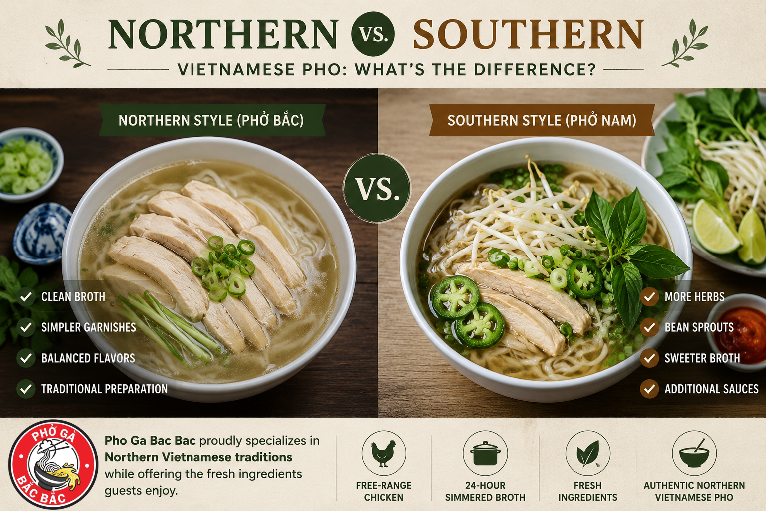 Northern and Southern Vietnamese pho comparison featuring authentic Northern-style chicken pho from Pho Ga Bac Bac