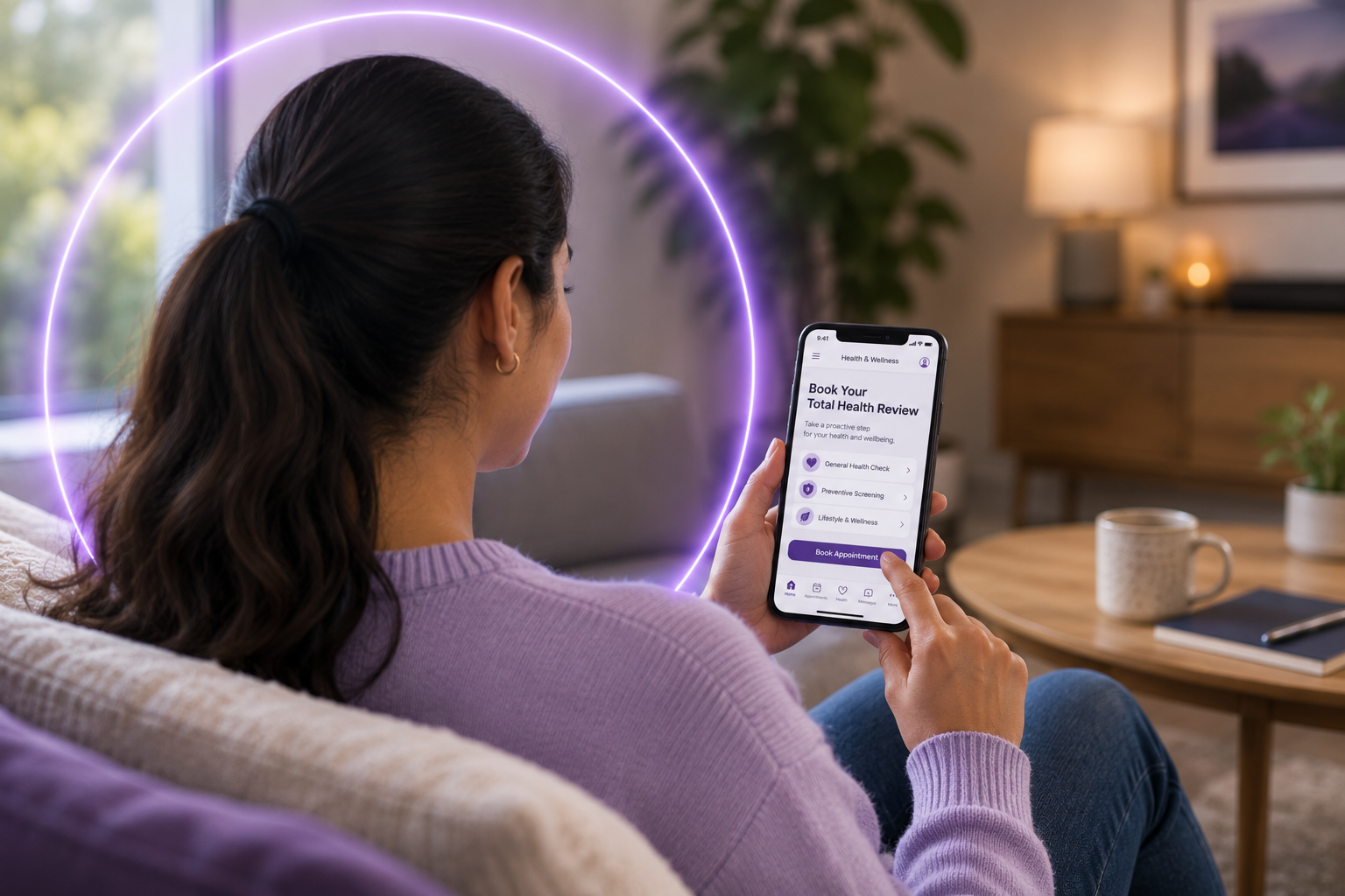 Woman booking her Total Health Review on her phone