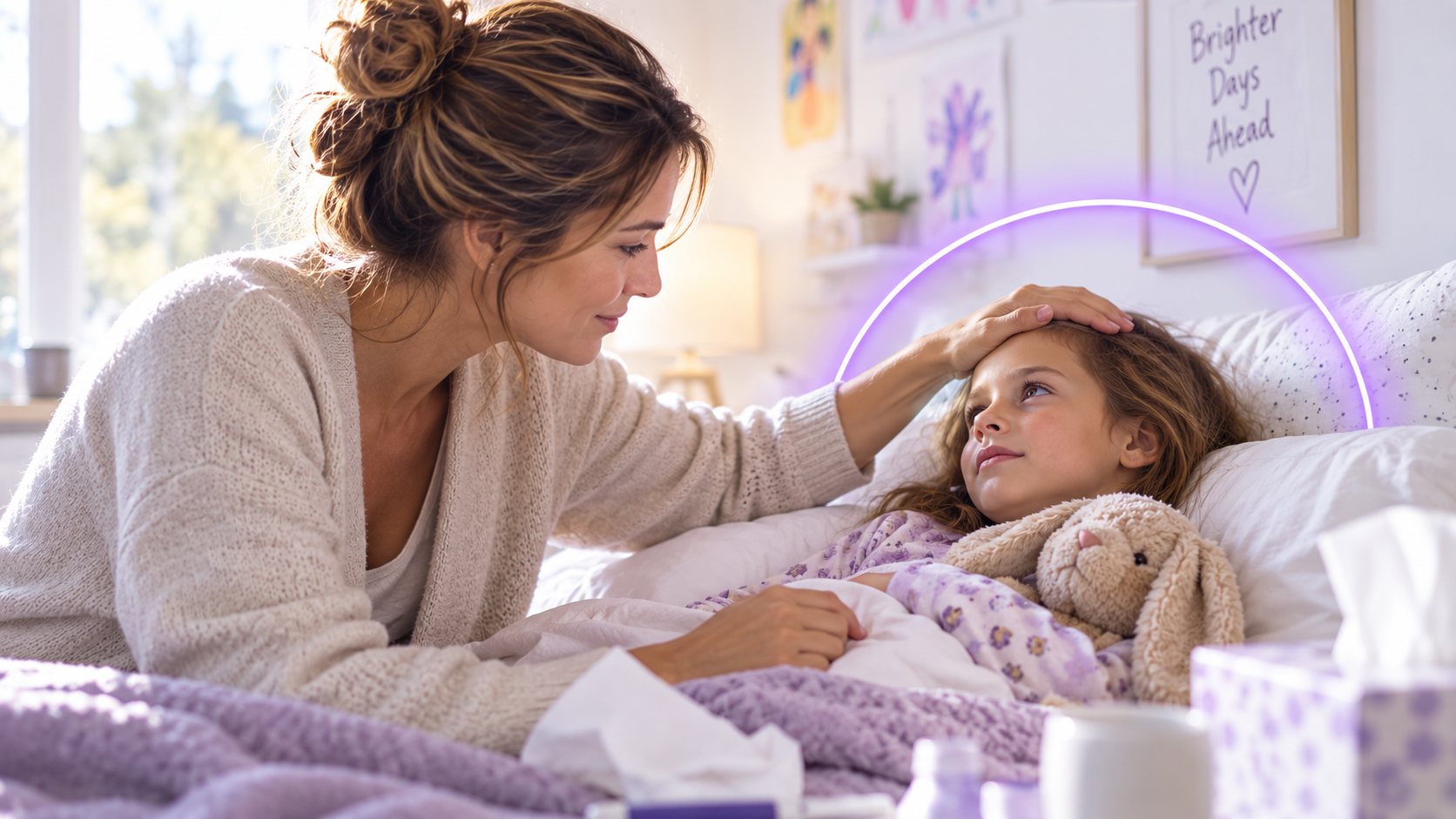 Toddler with a fever being comforted