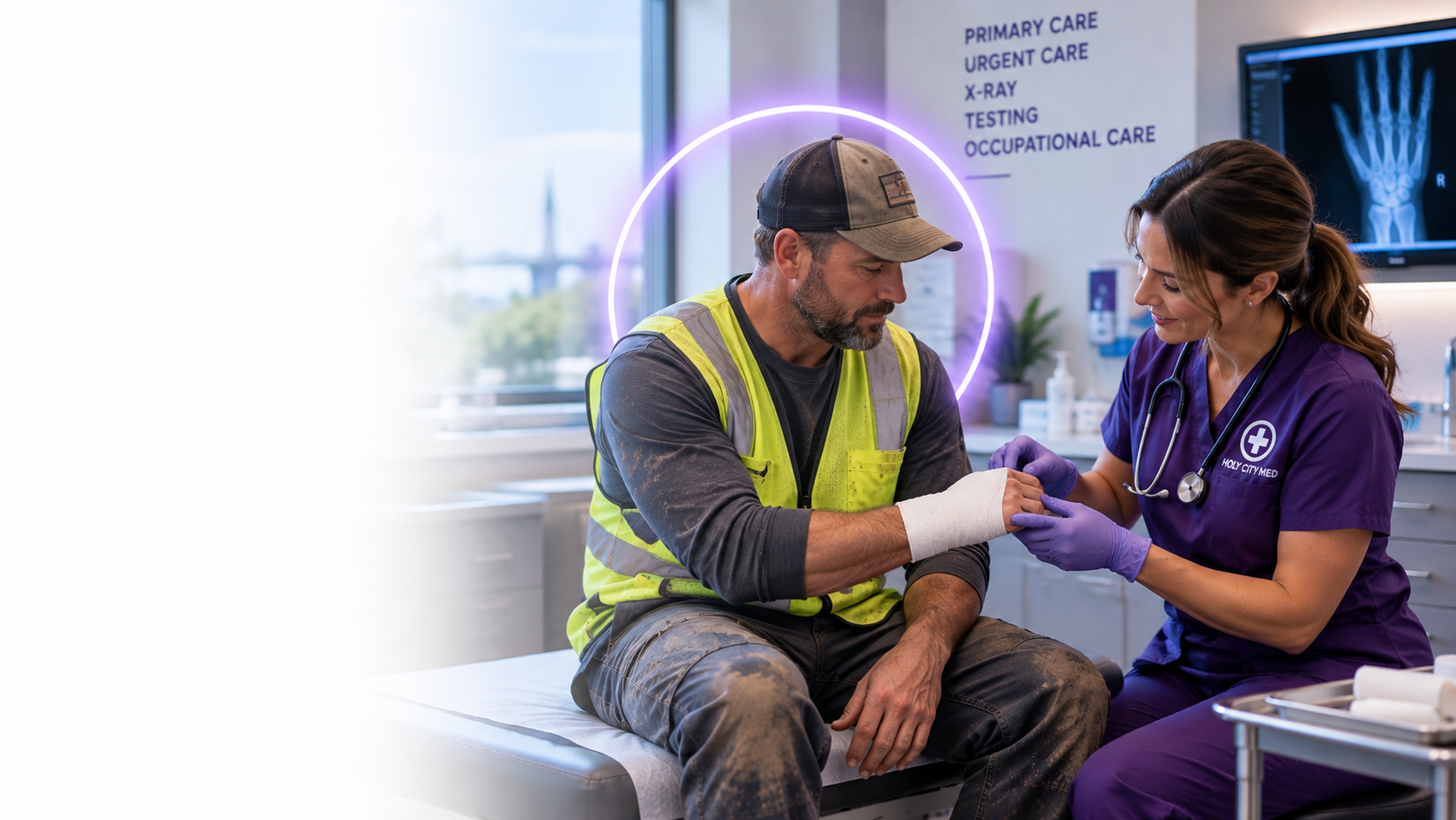 Employee being seen for work-related care at Holy City Med