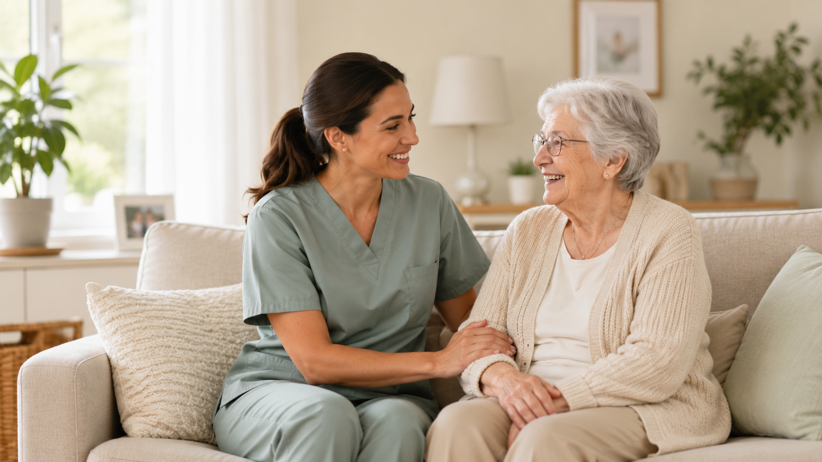 Caregiver smiling with elderly patient