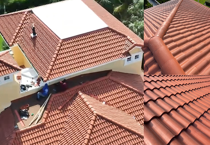 Clay tile roof installation with aerial view and close-up brava synthetic tile detail