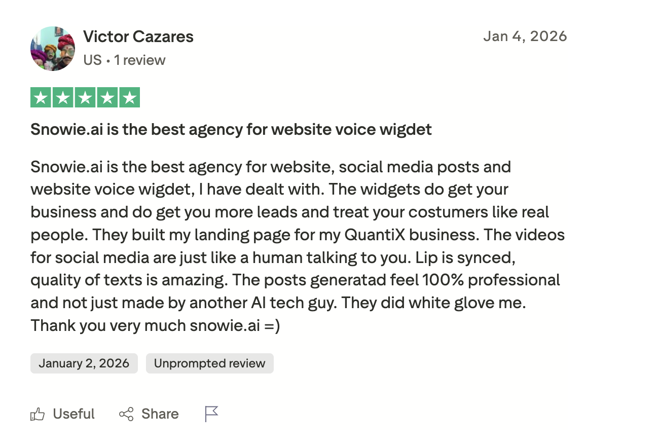 Five-star Snowie review from Victor Cazares describing the website voice widget and lead generation
