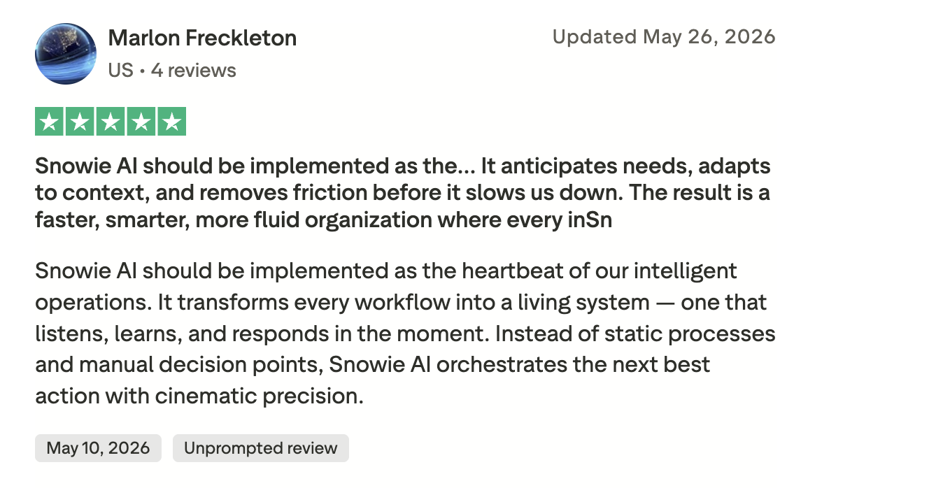 Five-star Snowie review from Marlon Freckleton about intelligent operations