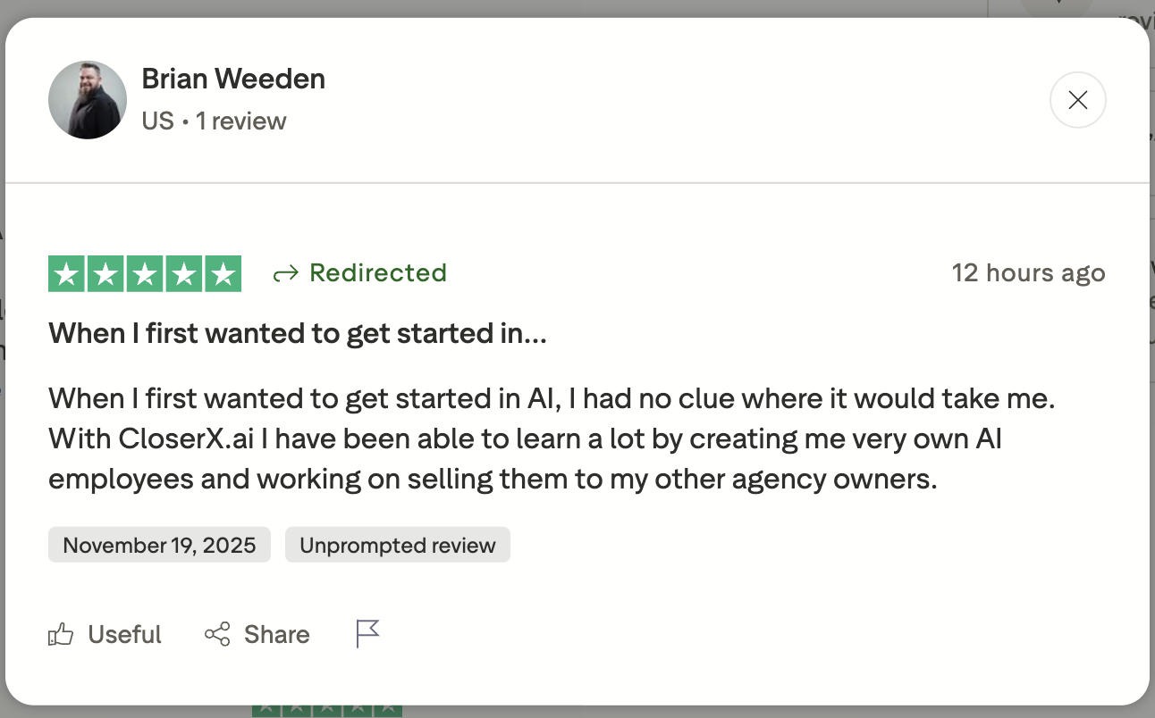 Five-star review from Brian Weeden about learning to build AI employees and selling them to agency owners