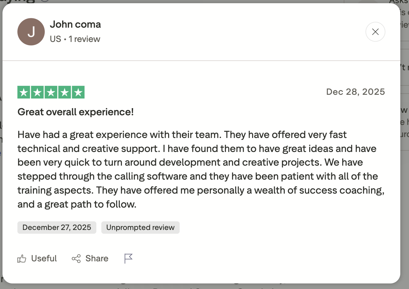 Five-star review from John describing fast technical support, patient training, and success coaching
