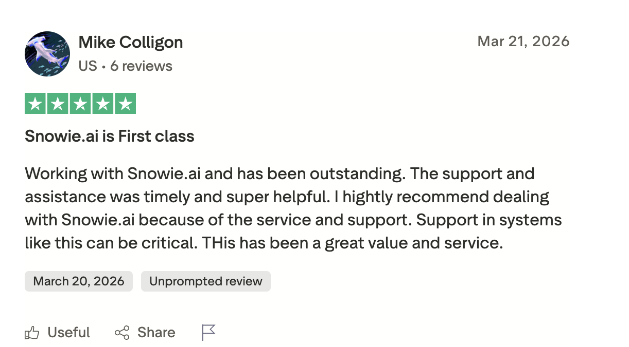 Five-star Snowie review from Mike Colligon describing timely support, value, and service