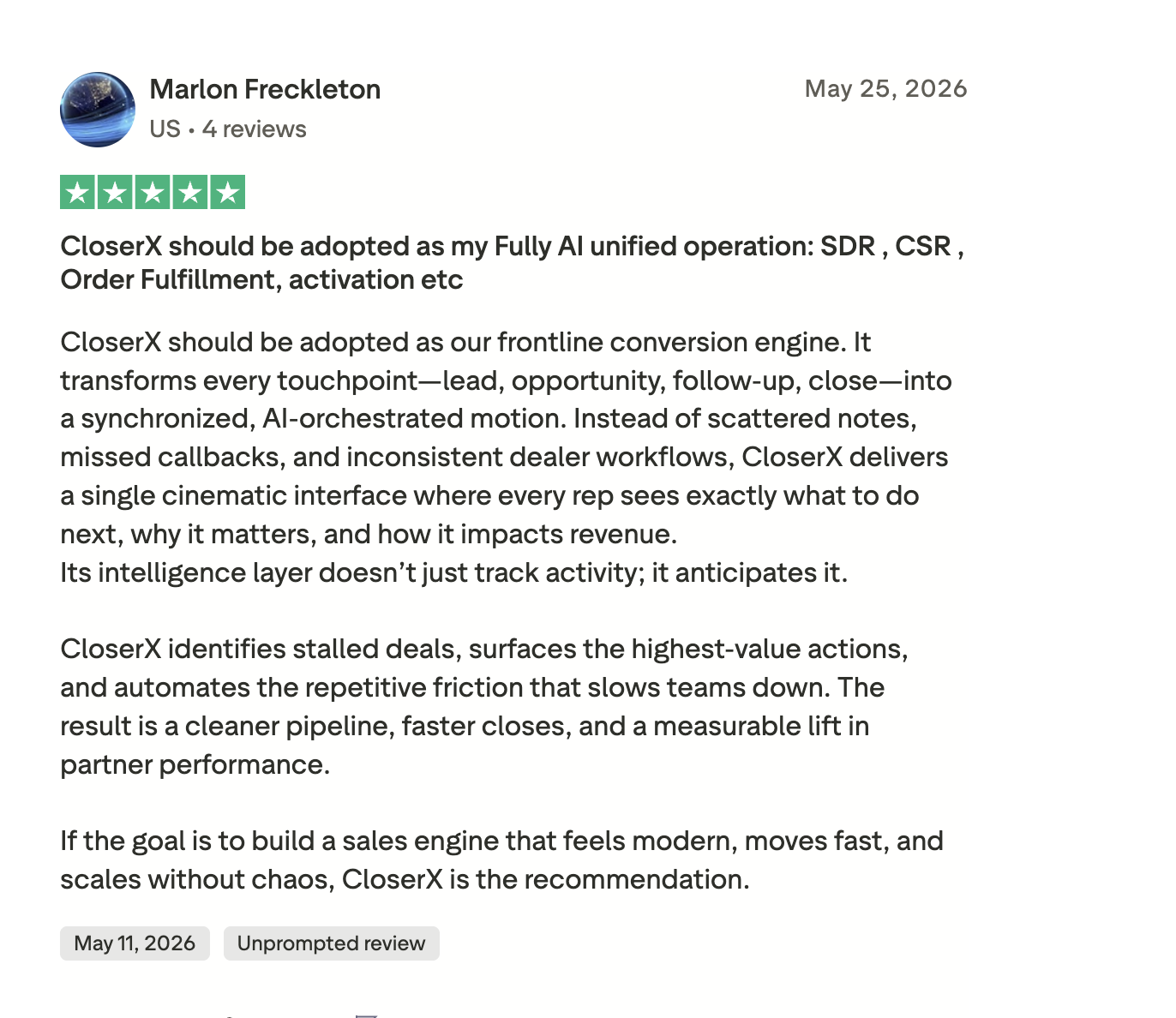 Five-star review from Marlon Freckleton about using AI across sales and operations
