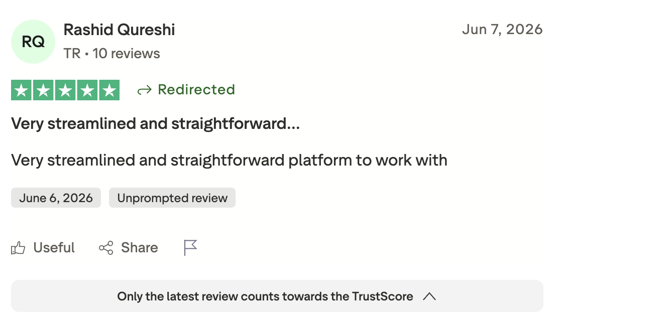 Five-star review from Rashid Qureshi describing the platform as streamlined and straightforward