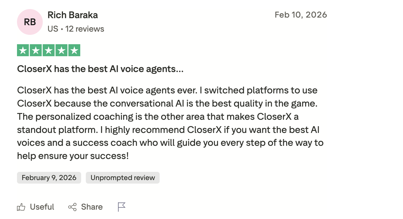 Five-star review from Rich Baraka praising the AI voice quality and personalized coaching