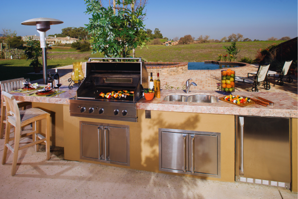 Luxury outdoor kitchen with entertainment area.