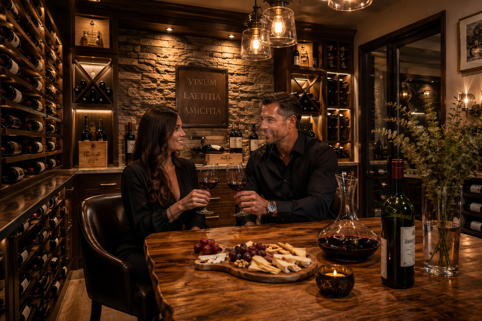 a couple enjoying their new wine cellar and tasting room