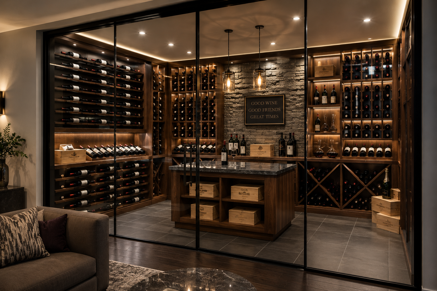 A contemporary wine cellar with floor-to-ceiling glass, walnut wine racks, and ambient lighting.